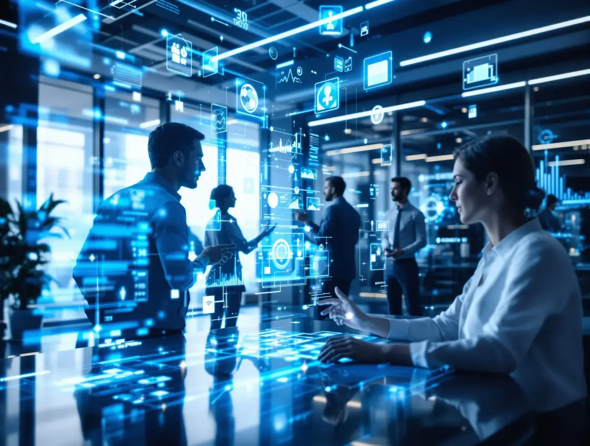 AI-powered team collaboration showing professionals working with intelligent automation systems