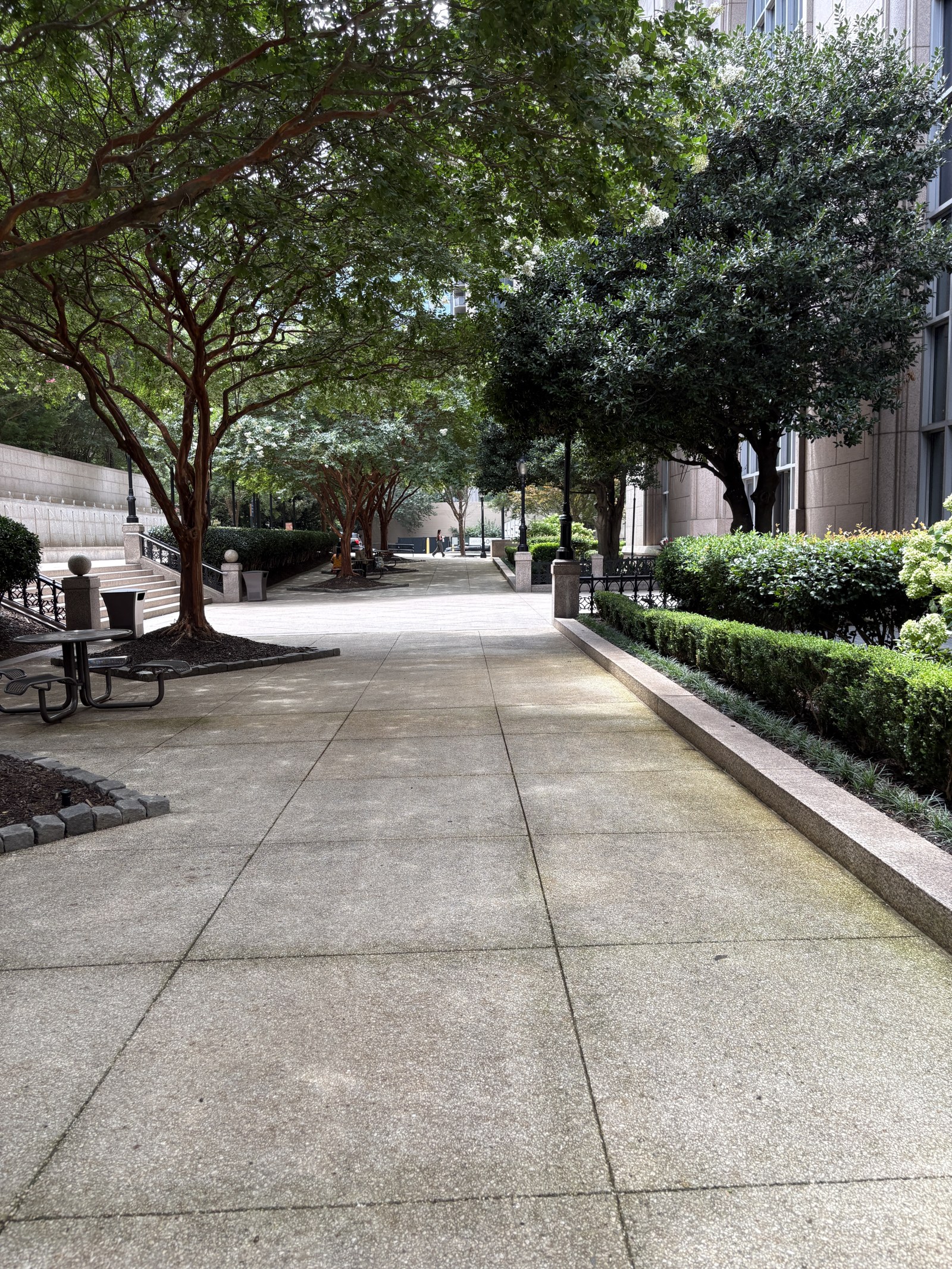 Tree-lined walkway with benches in the One Atlantic Center courtyard